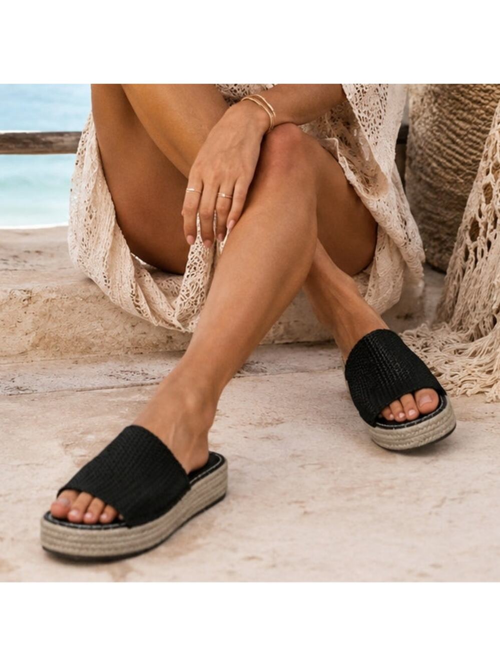 Bella Vita Black Woven Raffia Espadrille Platform Slide Sandals Comfort 8.5 Boho